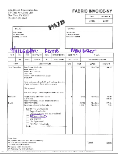 A fabric invoice stamped PAID, with a new order written across it by hand and the CFA request circled
