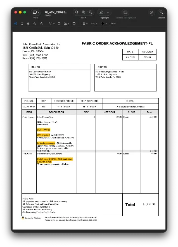 A fabric order acknowledgement opened as a PDF, lines picked out in highlighter